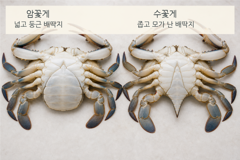 암꽃게와 수꽃게의 배딱지 모양 비교