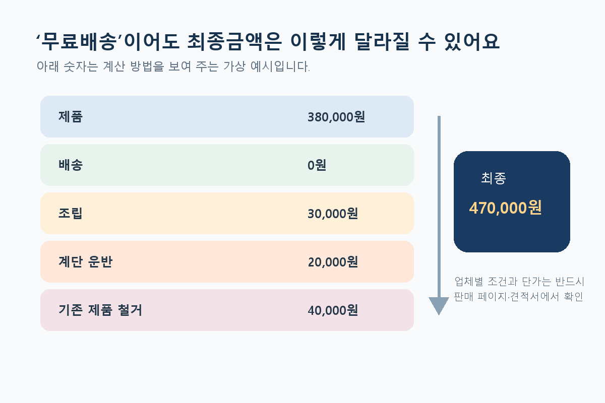 제품값에 조립비 계단 운반비 철거비를 더해 최종금액을 계산하는 가상 예시