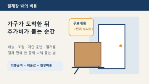 현관에 도착한 가구와 무료배송 안내를 보며 설치비와 철거비를 확인하는 대표 이미지