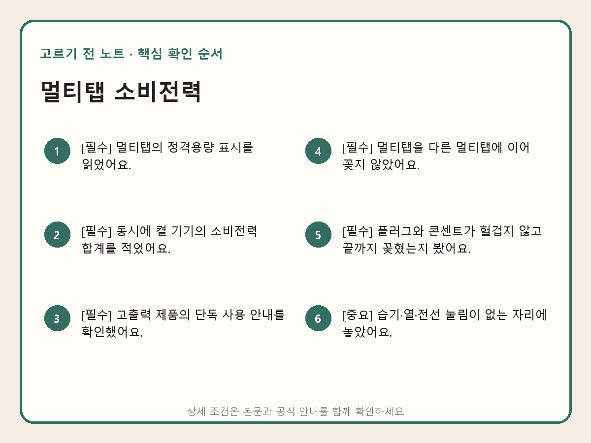 멀티탭 안전 사용법: 소비전력 합계와 설치 위치 확인하기 핵심 확인 순서 설명 이미지