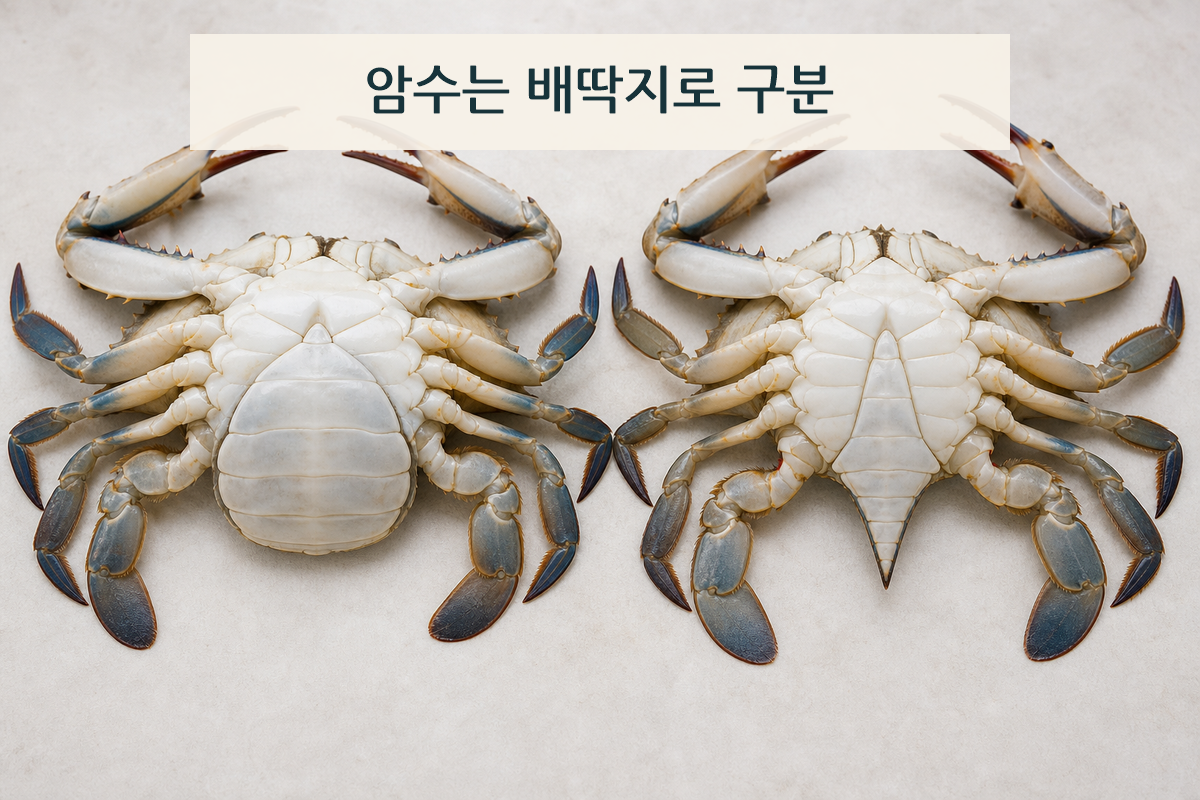 둥근 암꽃게 배딱지와 좁고 모가 난 수꽃게 배딱지 비교